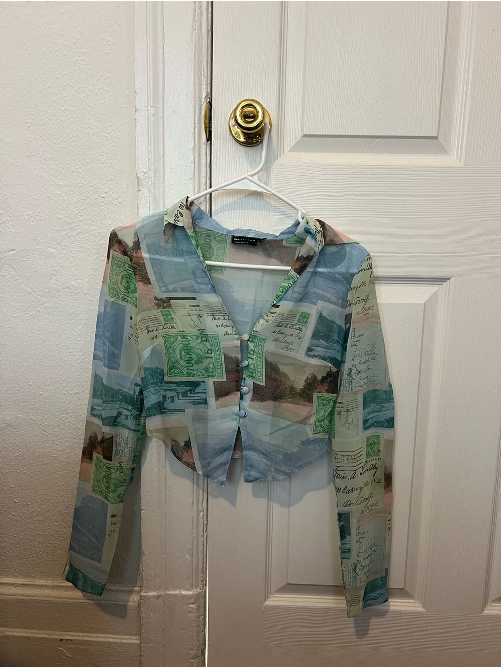 ASOS Sheer Collage-Print Semi-Cropped Top in Blue and Green